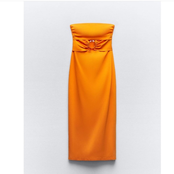 ZARA | NWT ORANGE CUT OUT STRAPLESS METAL RING DRESS STRETCHY SEXY BODY CON - Picture 8 of 15